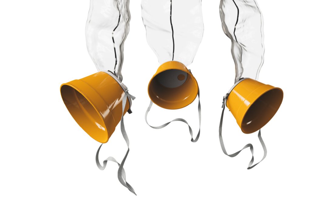 Three orange buckets with straps