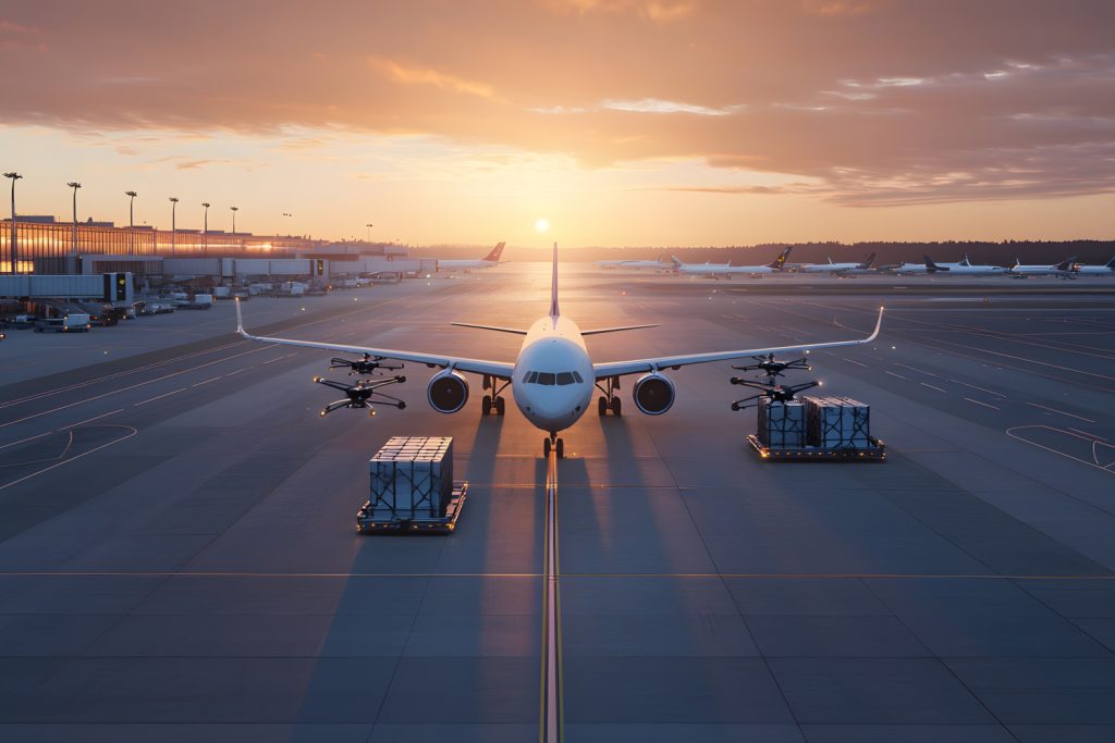 Airplane on runway at sunset